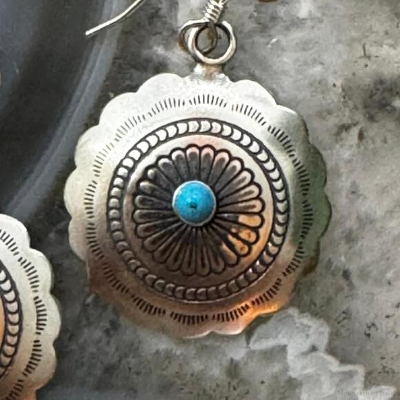 Native American Sterling Turquoise Dot Flower Concho Dangle Earrings For Women - Picture 6 of 10